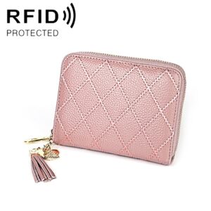 KB213 Diamond Texture Zipper Cowhide Leather Double Row Organ Shape Multiple Card Slots Anti-magnetic RFID Wallet Clutch Bag for Ladies, KB213 Light Pink, KB213 Rose Red, KB213 Black, KB213 Pink, KB213 Blue