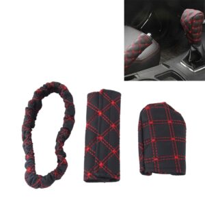 3 PCS Car Hand Brake Cover Shift Knob Gear Stick Cushion Sets Rear View Mirror Sets Cover Car Accessory Interior Decoration Pad, 3 PCS Red, 3 PCS White