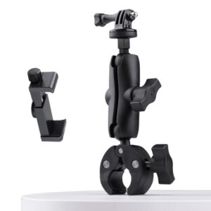 Extended Version 360 Rotation Adjustable Action Camera Bike Motorcycle Handlebar Holder with Phone Clamp, Extended Version with Phone Clamp