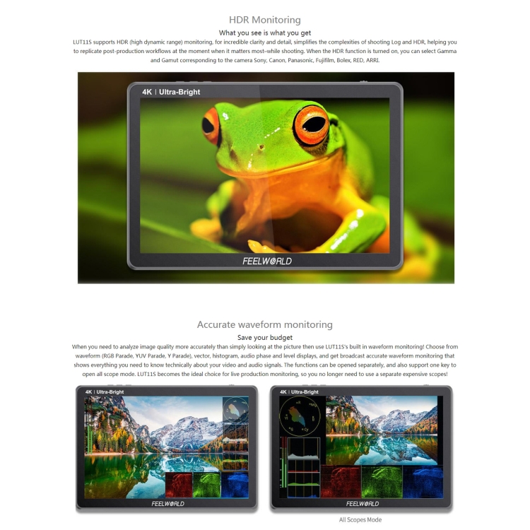 FEELWORLD LUT11S 10.1 inch Ultra High Bright 2000nit Touch Screen DSLR Camera Field Monitor, 3G-SDI 4K HDMI Input Output 1920 x 1200 IPS Panel, LUT11S - Image 12