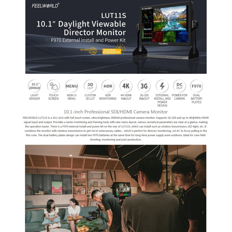 FEELWORLD LUT11S 10.1 inch Ultra High Bright 2000nit Touch Screen DSLR Camera Field Monitor, 3G-SDI 4K HDMI Input Output 1920 x 1200 IPS Panel, LUT11S - Image 5