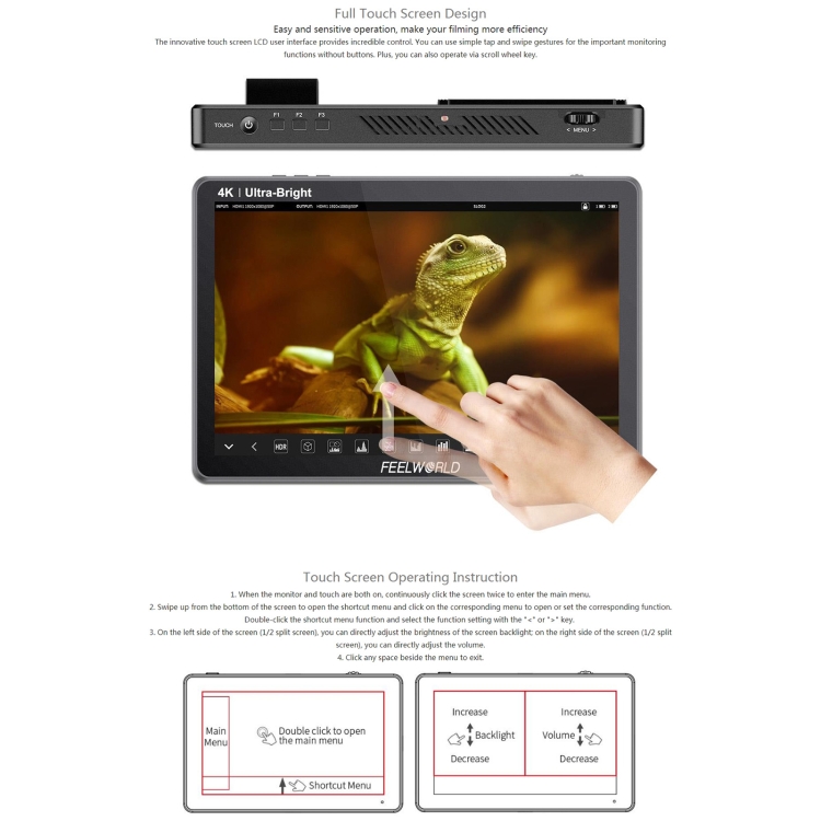 FEELWORLD LUT11S 10.1 inch Ultra High Bright 2000nit Touch Screen DSLR Camera Field Monitor, 3G-SDI 4K HDMI Input Output 1920 x 1200 IPS Panel, LUT11S - Image 9