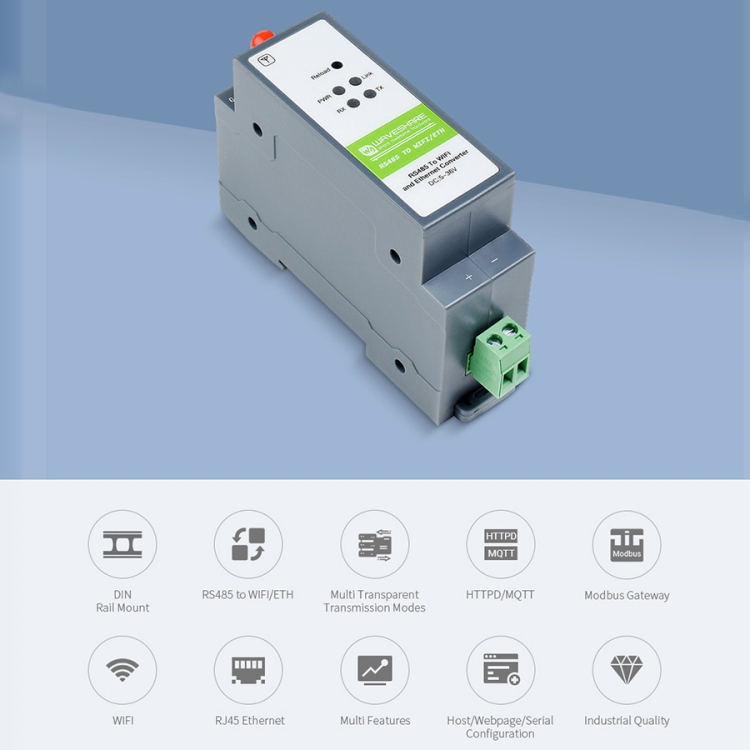Waveshare Rail-Mount Serial Server RS485 to WIFI/Ethernet Module, Modbus MQTT Gateway - Image 2