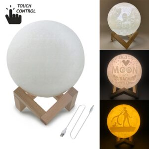 Customized Touch Switch 3-color 3D Print Moon Lamp USB Charging Energy-saving LED Night Light with Wooden Holder Base, 8cm, 10cm, 13cm, 15cm, 18cm, 20cm