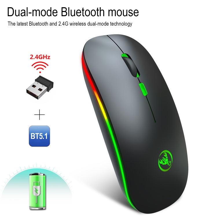 HXSJ T18 2.4GHZ 1600dpi Dual-mode Light-emitting Wireless Mouse USB + Bluetooth 5.1 Rechargeable - Image 2