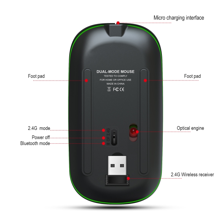 HXSJ T18 2.4GHZ 1600dpi Dual-mode Light-emitting Wireless Mouse USB + Bluetooth 5.1 Rechargeable - Image 5