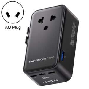 MOMAX UA36 1-World Pocket 70W 4-Port Ultra-Thin GaN Universal Travel Adapter, AU Plug, EU Plug, UK Plug, US Plug