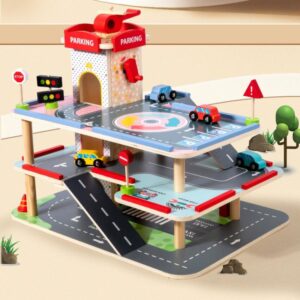 Children Wooden Pretend Play Simulation 3-tier Parking Lot