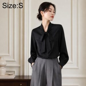 Bow Tie Neck Blouse Long Sleeve Women Casual Office Shirt, S, M, L, XL