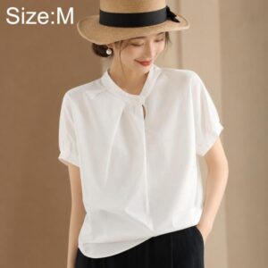 Vintage Overlap Collar Women Short Sleeve Shirt, M, L, XL, 2XL