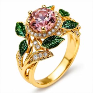 Exquisite Oil Drop Craft Flower Pink Gemstone Ring, Number 8