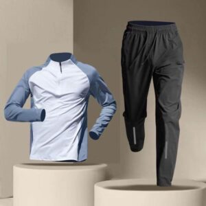 Mens Quick Dry Gym Wear Fitness Clothing With Half Zipper, White + Light Blue Set, White + Light Blue Long Sleeve, Black + Light Blue Set, Black + Light Blue Long Sleeve, Black + Navy Blue Set, Black + Navy Blue Long Sleeve, Blue + White Long Sleeve