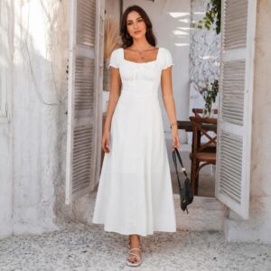 Women Elegant Pure Color Bubble Sleeve French Dress, M, L, XL, S, XXL
