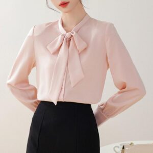Women Bow Tie Neck Satin Long Sleeve Blouse, S, M, L, XL, XXL
