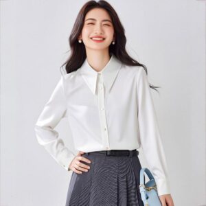 Women Pointed Collar Satin Long Sleeve Blouse, S, M, L, XL, XXL
