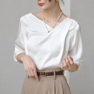 Women Diagonal V-neck Satin Long Ssleeve Blouse, S, M, L, XL, XXL