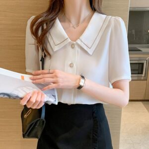 Women Sailor Collar Short Sleeve Chiffon Blouse, S, M, L, XL, XXL