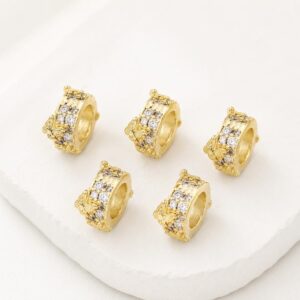 5 PCS/Pack Gold Filled Inlaid Zircon Hole Spacer Beads for DIY Jewelry Making, Butterfly Zircon Ring 8.5mm, 4-Leaf Clover Zircon Bead 7mm, Cubic 4-Diamond Bead 6mm, Ripple Round Bead 5mm, Hollow Zircon Bead 8mm, 5-Leaf Flower Bead 4.3x8mm Hole 4mm...
