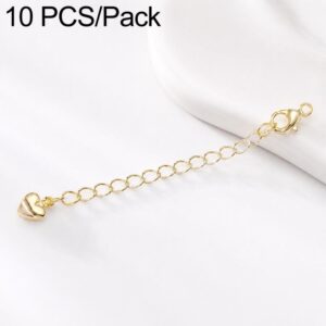 10 PCS/Pack Gold Plated Copper Lobster Clasp Extender Chain for DIY Necklace & Bracelet Jewelry Making, 3D Heart, Crooked Heart Clasp S925