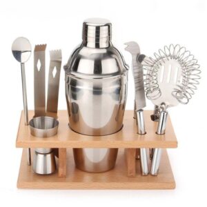 9 in 1 Stainless Steel Cocktail Shaker Tools Set with Wooden Mount, Capacity: 750ml