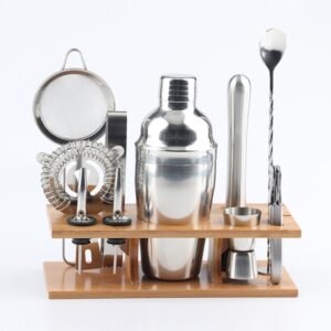 11 in 1 Stainless Steel Cocktail Shaker Tools Set with Wooden Mount, Capacity: 350ml