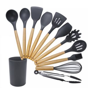 kn082 11 in 1 Wooden Handle Silicone Kitchen Tool Set with Storage Bucket, Black, Pink, Green