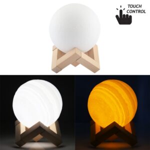 10cm Touch Control 3D Print Jupiter Lamp, USB Charging 2-Color Changing Energy-saving LED Night Light with Wooden Holder Base