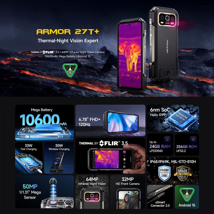 Ulefone Armor 27T+ Rugged Phone, 12GB+256GB, Thermal Imager, Night Vision, 10600mAh, 6.78 inch Android 14 MediaTek Helio G99 Octa Core, Network: 4G, NFC, OTG, Armor 27T+ - Image 3