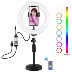 PULUZ 7.9 inch 20cm RGBW Light + Round Base Desktop Mount Dimmable LED Dual Color Temperature LED Curved Light Ring Vlogging Selfie Photography Video Lights with Phone Clamp, 7.9 inch + Round Mount
