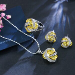 Fashion Cubic Zirconia Knot Earrings Necklace Ring Set for Women, 6, 7, 8, 9