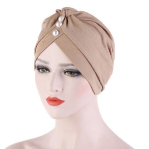 Women Forehead Fold Pearl Decorative Hooded Cap Turban Hat, One Size