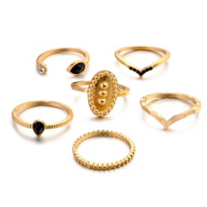 6 PCS Women Bohemian Simple Fashion Embossing Waterdrop With Diamond Rings Set Jewelry, Gold, Silver