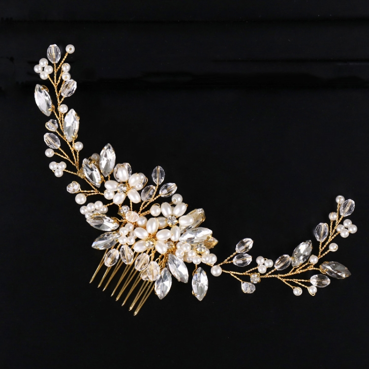 Golden Pearl Headband Tiaras Crystal Rhinestone Bridal Hair Combs Headpiece - Image 3