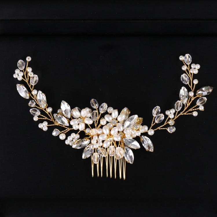 Golden Pearl Headband Tiaras Crystal Rhinestone Bridal Hair Combs Headpiece - Image 4