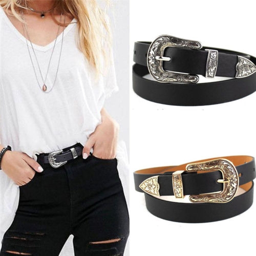 Women Black Leather Western Cowgirl Waist Metal Buckle Waistband New Hot, Gold single button black bottom, Gold double buckle black bottom, Silver single button black bottom, Silver double buckle black bottom, Widened gold double buckle black bottom... - Image 2