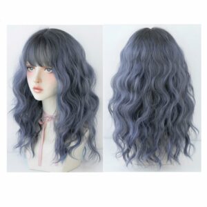 Women's Wool Long Hair With Bangs Natural Fluffy Wig, Pink Brown (Brown On Top) 54CM, Haze Blue (Black On Top ) 54CM, Cold Brown 54CM, Black Brown 54CM
