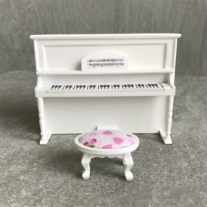 1:12 Mini House Toy Simulatio Piano and Bench, White, Pink, Black