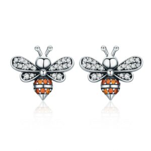 S925 Sterling Silver Earrings Bee Inlaid Female Earrings, White, Gold