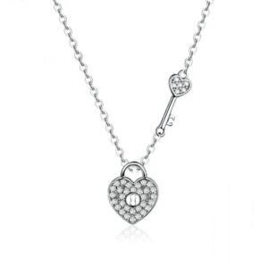 S925 Sterling Silver Platinum Plated Heart Lock Necklace Girls White Inlaid Zircon Key Jewelry