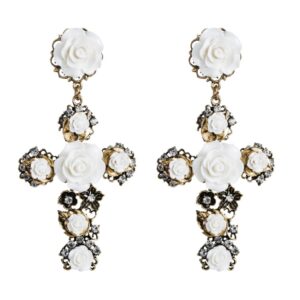 1 Pair Baroque Rose Flower Cross Long Earrings Vintage Earrings, White, Red, Black