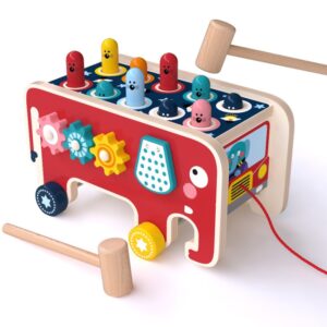 Baby Percussion Wooden Elephant Drag Cart Hitting Hamster Children Educational Toys, Red Elephant, Blue Elephant