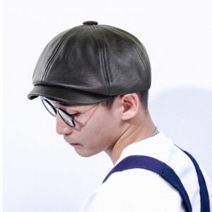 15382 PU Leather Octagonal Hat Winter Outdoor Warm Cap Retro Beret, One Size