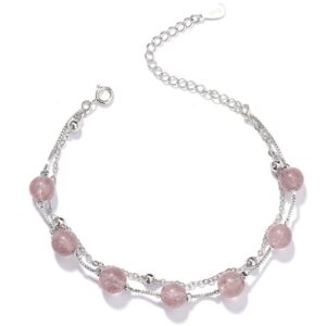 925 Sterling Silver Bracelet Women Crystal Bracelet Natural Beads Double-Layers Jewelry, Garnet, Strawberry Crystal, Moonstone, Green Ghost