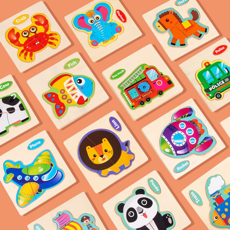 10 PCS Children Educational Animal Three-Dimensional Wooden Puzzle Toy, Panda, Tortoise, Police Car, Train, Fire Truck, Big Truck, Steamship, Owl, Cows, Rocket, Hot Air Balloon, Lion, Tiger, Elephant, Sea Lion, Crab, Aircraft, Pony, Goldfish, Bear - Image 2