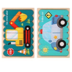 QBT01 Children Double-Sided Wooden Puzzle Bar Puzzle Toy, Excavator + Police Car, Airplane + Rocket, Mud Tanker + Truck, School Bus + Ship, Pig (Yellow) + Pig (Green), Big Gray Wolf + Pig (Pink), Little Red Riding Hood + Big Big Wolf, Crow + Bee...