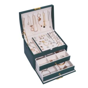 Three-Layer Leather Drawer Type Jewelry Storage Box Earrings Box With Lock, Three-Layer (Dark Green), Three-Layer (Nude Pink), Three-Layer (Navy Blue), Three-Layer (Creamy White)