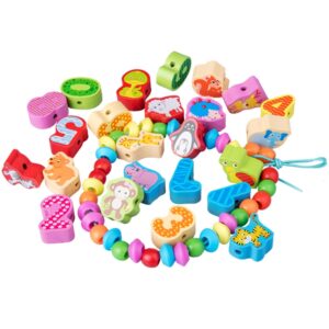 Children Stringing Threading Toys Early Education Cognitive Wooden Beads, 60 PCS / Set Number+Animal, 100 PCS / Set Letter+Traffic