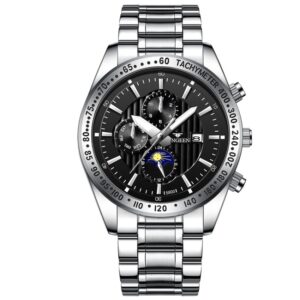 FNGEEN 5800 Men Three Eyes and Six Pins Watch Student Quartz Watch, Black Steel Black Surface, Black Steel White Surface, White Steel Black Surface, White Steel White Surface, Black Leather Black Steel Black Surface...