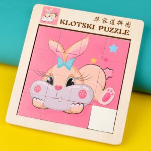 2 PCS Cartoon Animal Double-Sided Klotski Puzzle Children Wooden Toy Early Education Jigsaw Puzzle, Rabbit, Dolphin, Giraffe, Dinosaur, Elephant, Panda, Unicorn, Fox, White Bear, Zebra, Lion, Tiger