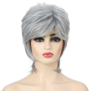 Short Hair Female Wigs Fluffy Fiber Set, Silver White